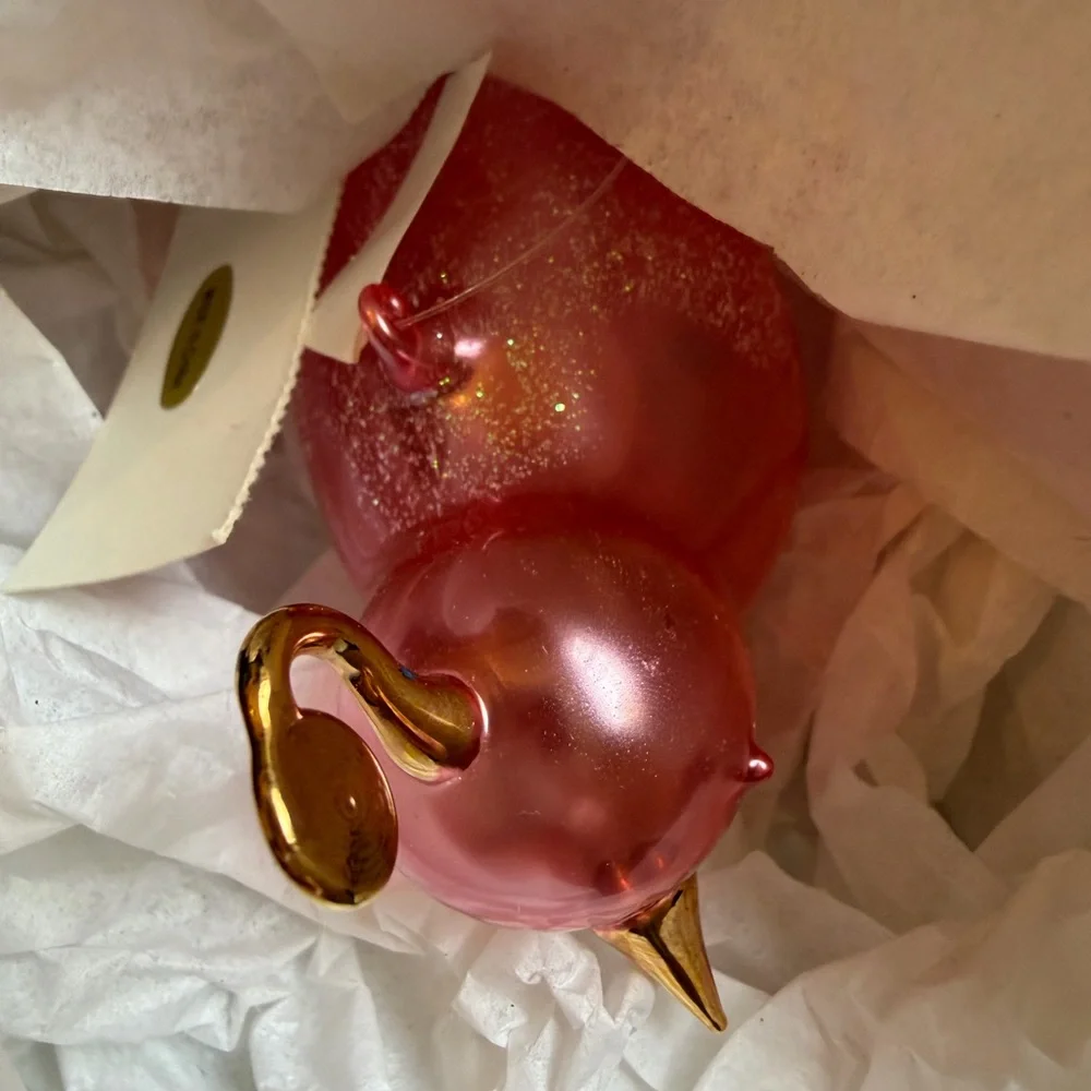 Pink Bird Blown Glass glitter Feather Hanging Ornament 6”